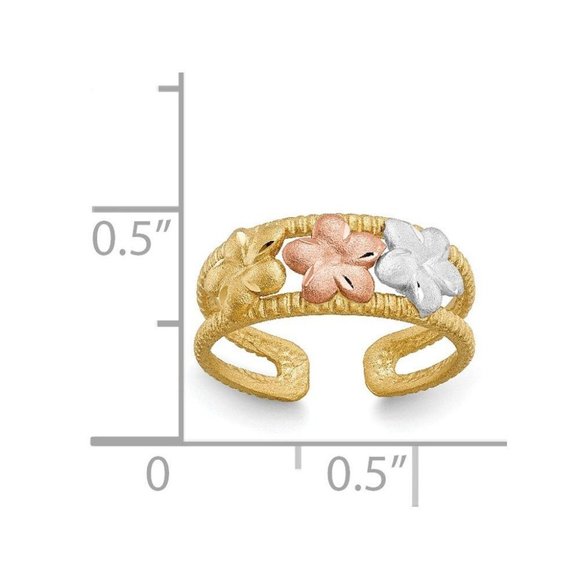 14k Yellow Gold Solid Toe Ring Two-tone & Rhodium Plumeria Adjustable - Picture 2 of 4